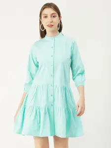 Moomaya Band Collar Cuffed Sleeves Gathered Tiered Cotton A-Line Mini Dress