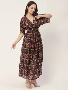 Moomaya Abstract Printed V-Neck Regular Sleeves Smocked Fit & Flare Maxi Dress