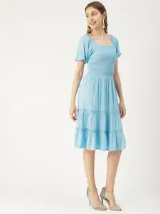 Moomaya Smocked Square Neck Fit & Flare Dress