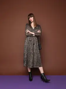 Vero Moda Animal Printed V-Neck Puff Sleeves A-Line Midi Dress
