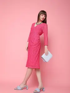 Vero Moda Self Design V-Neck Gathered A-Line Midi Dress