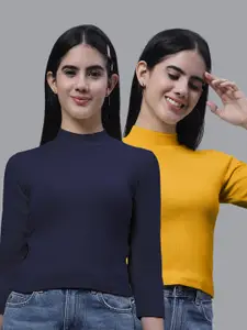 FBAR Pack Of 2 High Neck Ribbed Cotton Fitted Crop Tops