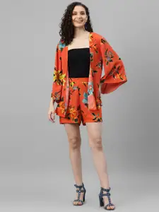DEEBACO Floral Printed Shrug With Shorts Co-Ords