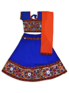 Wish Karo Girls Embroidered Mirror Work Cotton Ready to Wear Lehenga & Blouse With Dupatta