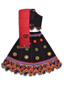 Wish Karo Girls Black & Orange Embroidered Thread Work Ready to Wear Lehenga & Blouse With Dupatta