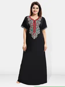 Be You Ethnic Motifs Embroidered Maxi Nightdress