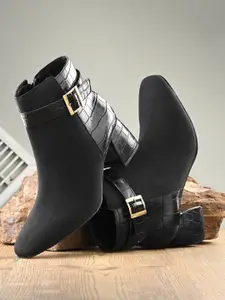 El Paso Women Textured Mid Top Block Heel Leather Regular Boots With Buckle Detail