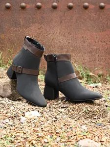 El Paso Women Mid Top Block Heel Leather Regular Boots With Buckle Detail