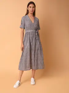PINKSKY Geometric Printed Fit & Flare Cotton Midi Dress
