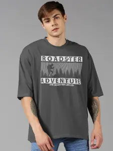 Roadster Grey Graphic Printed Pure Cotton Oversized T-shirt