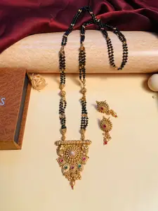ABDESIGNS Gold Plated Stone Studded & Beaded Mangalsutra With Earrings