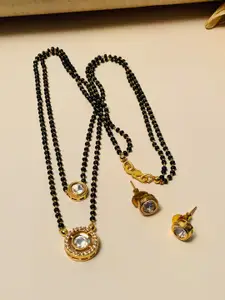 ABDESIGNS Gold Plated Stone-Studded & Beaded Mangalsutra With Earrings