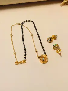 ABDESIGNS Gold Plated Kundan Studded & Beaded Mangalsutra With Earrings