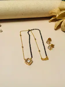 ABDESIGNS Gold Plated Kundan Studded & Beaded Long Mangalsutra With Earrings