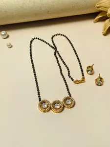 ABDESIGNS Gold-Plated Kundan-Studded & Beaded Long Mangalsutra With Earrings