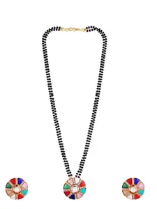 ABDESIGNS Gold-Plated Kundan-Studded & Beaded Long Mangalsutra With Earrings