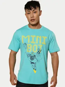 VEIRDO Blue & Yellow Typography Printed Bio Finish Pure Cotton T-shirt