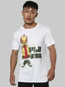 VEIRDO White & Yellow Graphic Printed Bio Finish Pure Cotton T-shirt