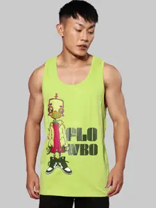 VEIRDO Lime Green & Red Graphic Printed Sleeveless Bio Finish Pure Cotton T-shirt