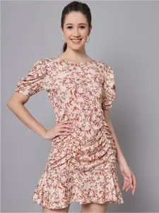 Dream Beauty Fashion Floral Printed Puff Sleeve Ruched A-Line Dress