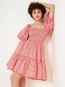 Femella Floral Printed Puff Sleeves Smocked Cotton Fit & Flare Dress