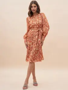Femella Floral Printed Cuffed Sleeves Tie Ups A-Line Dress With Belt