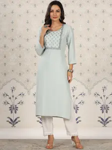 Ode by House of Pataudi Floral Embroidered Thread Work Dobby Kurta