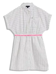Tommy Hilfiger Girls Striped Shirt Collar Extended Sleeve Belted Pure Cotton Shirt Dress