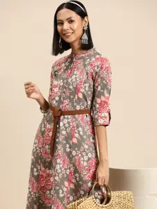 Sangria Floral Printed Mandarin Collar Roll-Up Sleeves Pure Cotton Kurta