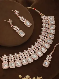 Priyaasi Rose Gold-Plated Stone-Studded Necklace & Earrings With Maang Tikka