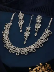Priyaasi Silver-Plated Stone-Studded Necklace With Earrings & Maang Tikka