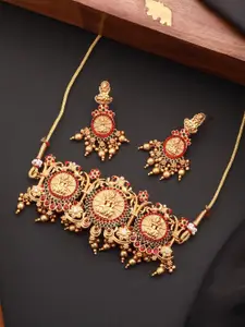Priyaasi Gold-Plated Goddess Laxmi Stone-Studded & Beaded Necklace & Earrings