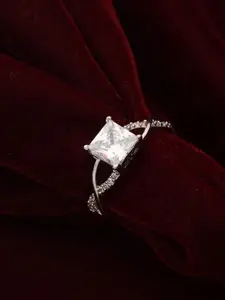 Priyaasi Solitaire Block American Diamond Silver-Plated Ring