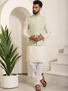 SOJANYA Mandarin Collar Pure Cotton Kurta With Churidar & Nehru Jacket