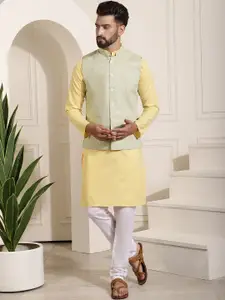 SOJANYA Mandarin Collar Cotton Linen Kurta With Churidar & Nehru Jacket
