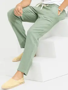 Snitch Men Green Relaxed Straight Fit Linen Trousers