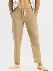 Snitch Men Khaki Relaxed Straight Fit Linen Trousers