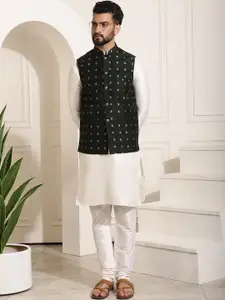 SOJANYA Mandarin Collar Straight Kurta With Churidar & With Nehru Jacket