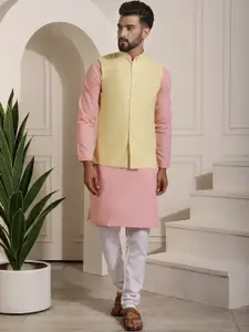 SOJANYA Mandarin Collar Straight Pure Cotton Kurta With Churidar & With Nehru Jacket