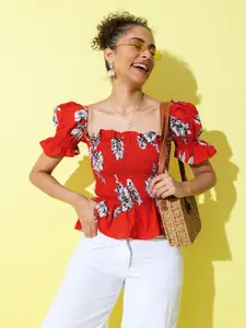 Stylecast X Hersheinbox Floral Printed Puff Sleeves Smocked Detail Pure Cotton Peplum Top