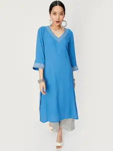 max Geometric Embroidered V-Neck Thread Work Straight Kurta