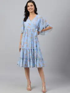 Janasya Blue Floral Printed Flared Sleeve Tie Up & Gathered Georgette Tiered Wrap Dress