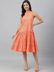 Janasya Peach-Coloured Floral Printed Mandarin Collar Cotton Tiered Shirt Dress