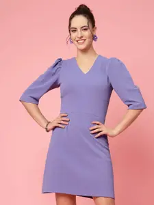 plusS Purple V-Neck Puff Sleeve Sheath Dress