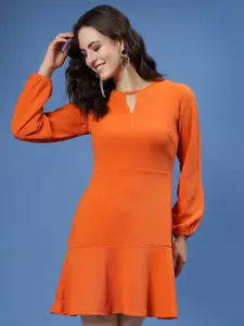 plusS Orange Puff Sleeve Cut-Outs Detail Flounce Hem A-Line Mini Dress