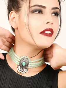 ODETTE Women Sea Green Crystal Studded & Pearl Beaded Choker Necklace Jewellery Set