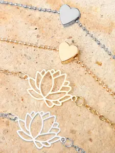 OOMPH Set Of 4 Silver & Gold Plated Heart & Lotus Shaped Charm Anklets