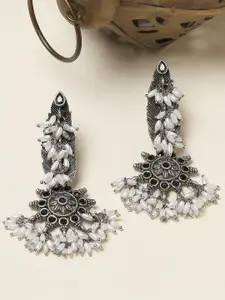 OOMPH Stone Studded & Beaded Oxidised Floral Drop Earrings