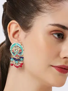OOMPH Kundan Studded & Beaded Peacock Shaped Drop Earrings