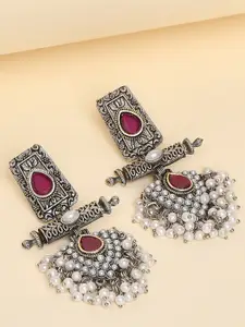 OOMPH Stone-Studded Beaded Oxidised Drop Earrings
